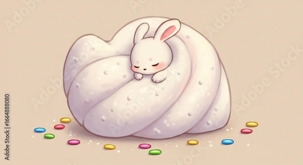 Fototapeta Schattig konijn slaapt zachtjes in warme zoete wolk kleurrijk snoep omringt. AI Generated