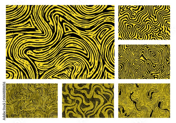 Fototapeta Set of abstract yellow and black wavy line vector patterns with seamless psychedelic textures, optical illusions, and bold warped stripe backgrounds.