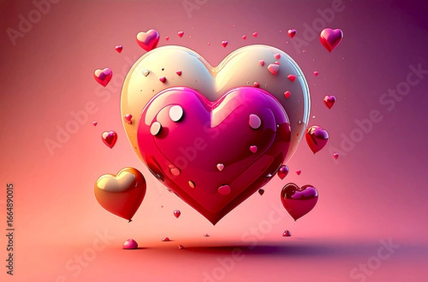 Obraz Shiny Red 3D Love Heart Floating with Small Hearts in Air