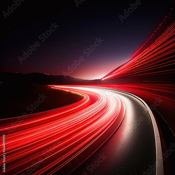 Obraz Glowing Red Light Trail on Curved Path, Futuristic Speed and Motion Abstract Background Representing Technology, Energy, and Innovation