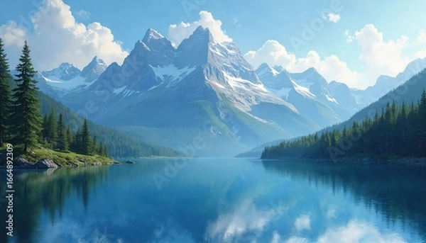 Fototapeta Serene mountain landscape reflects tranquil lake. Blue sky, clouds, evergreen trees. Mountains peaks covered snow, water reflects sky, creating peaceful atmosphere. Nature illustration shows beauty