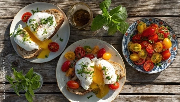 Fototapeta Poached eggs on toast with cherry tomatoes.