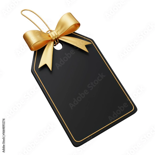 Fototapeta Black gift tag with golden ribbon bow isolated on transparent background