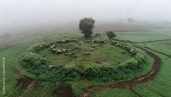 Fototapeta Ancient stone circle surrounded by vegetation in a misty landscape.