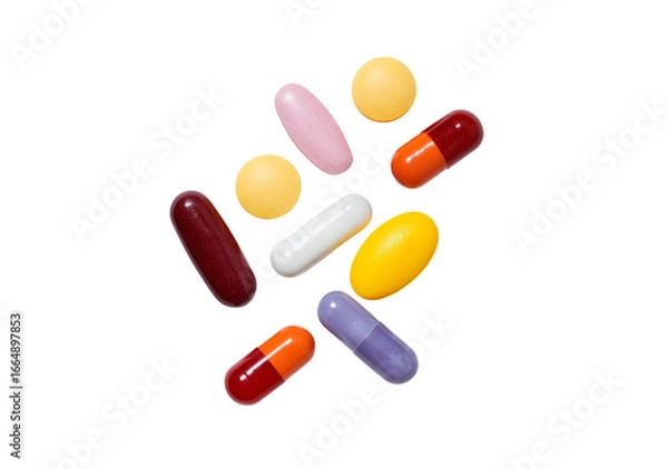 Fototapeta Assorted colorful pills and capsules on transparent background, PNG