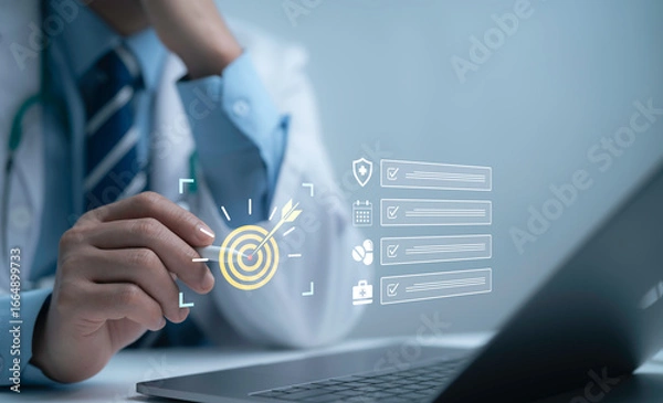 Fototapeta Medical professional using digital technology and data analytics to target healthcare goals, strategic planning and innovation for better patient care and clinical efficiency