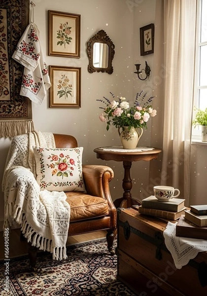 Fototapeta Cozy Vintage Living Room Interior with Armchair and Flowers.