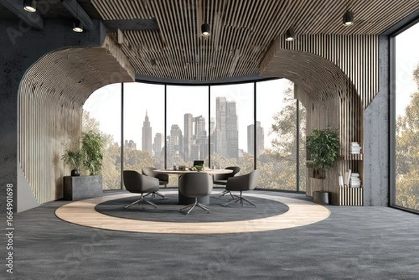 Fototapeta Circular conference room with city views and modern design.