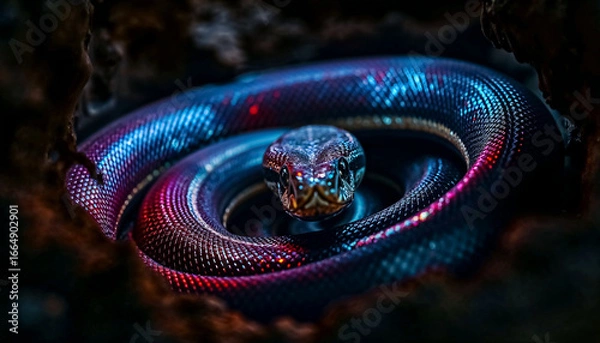 Fototapeta Iridescent snake with glowing neon scales in dark forest cave, vibrant reptile close-up photography