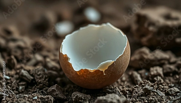 Fototapeta Close-up of broken eggshell on natural background, fragile life concept