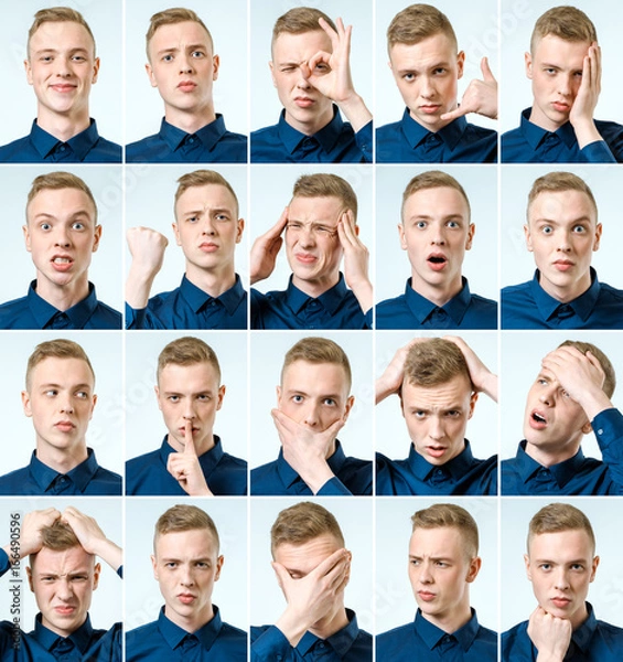 Fototapeta Set of young man's portraits with different emotions and gestures