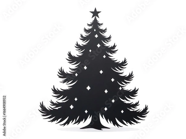 Fototapeta Classic Christmas Tree Silhouette in Black and White with Star and Decorative Lights, Vector Illustration on White
