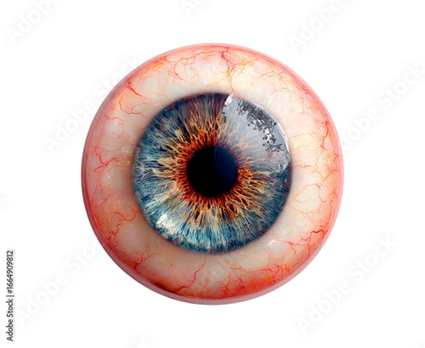 Fototapeta Detailed close-up of a human eye with vivid blue iris and red veins on transparent background, PNG