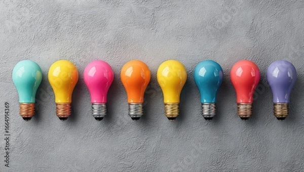 Fototapeta Colorful light bulbs arranged in a row on a gray surface