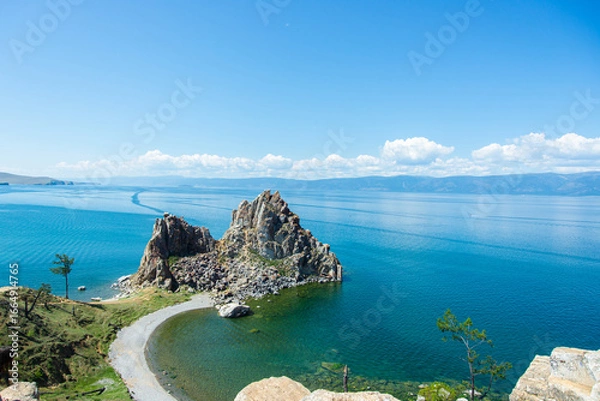 Fototapeta Scenic View of Lake Baikal with Shamanka Rock and Blue Turquoise Water