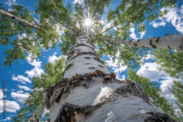 Fototapeta Low angle view of a birch tree trunk with bright sky and clouds.