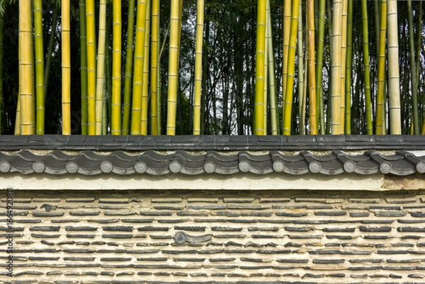 Fototapeta 京都の今宮門前通り、龍翔寺の瓦土塀と竹林。