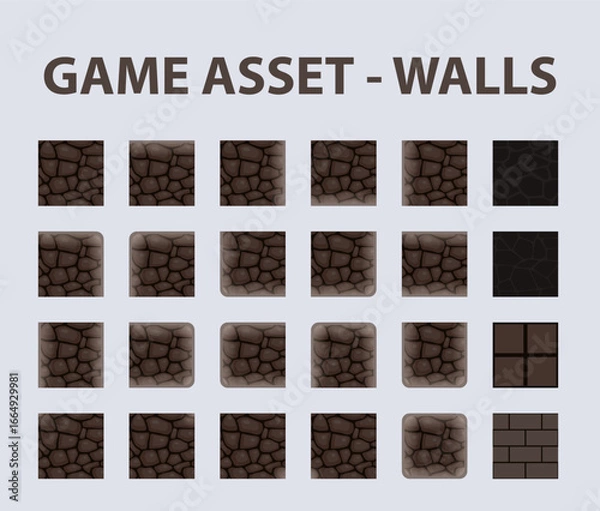 Obraz Game asset with brown stone walls seamless sprites. Vector set for level design