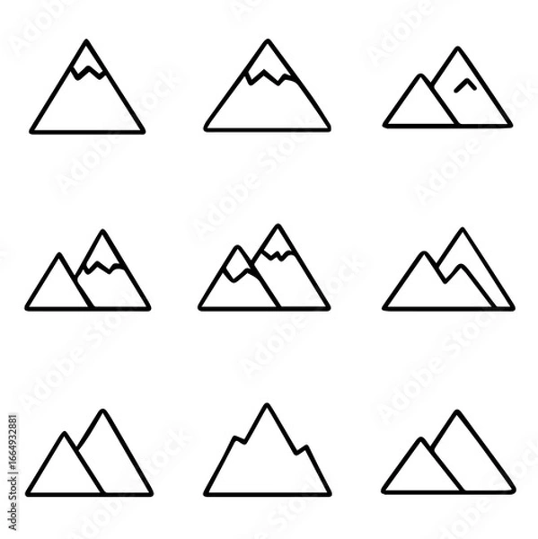 Fototapeta Nine minimalist mountain icons with varying peak configurations and bold black outlines.