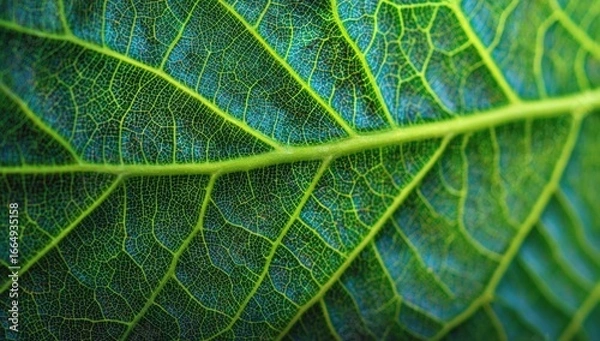 Fototapeta A detailed close-up of a green leaf showcasing intricate veins and textured edges, highlighting the beauty and complexity of nature's delicate patterns.