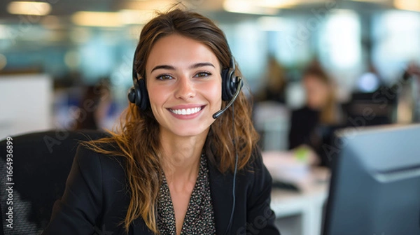 Fototapeta Portrait of a friendly female customer service representative with a headset smiling in a modern office