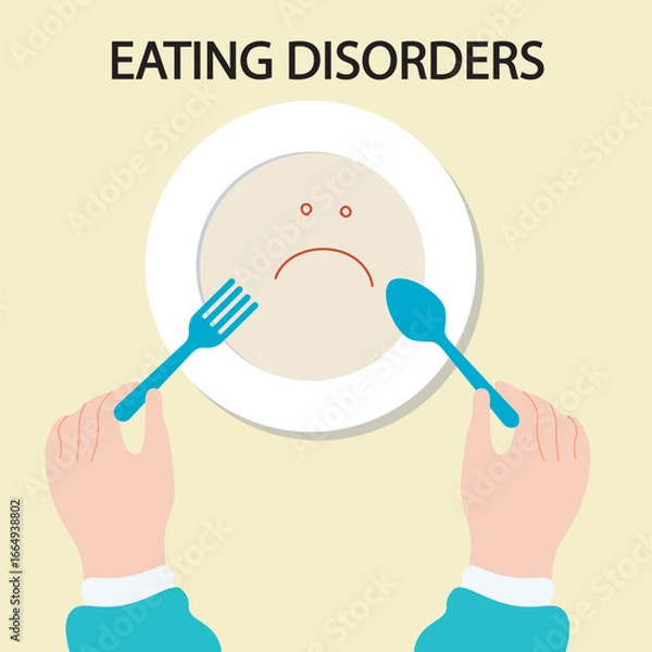 Obraz Vector illustration showing eating disorder symptoms extreme weight change, fear of food, distorted body differentiating from similar conditions like OCD, depression, and GI issues plate spoon fork