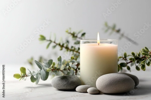 Fototapeta A serene still-life scene with an eucalyptus-scented candle, smooth stones, and delicate greenery on a soft white background, illuminated by a warm, gentle glow.