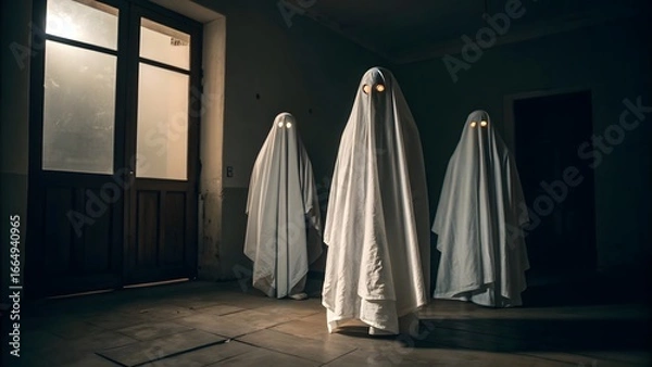 Fototapeta Three figures draped in white sheets stand in a dimly lit room with glowing eyes looking spooky