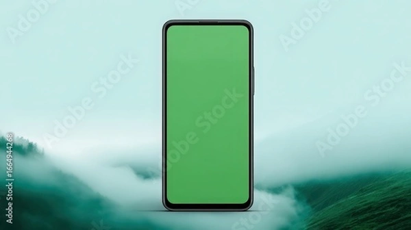 Fototapeta A phone with a green screen is shown in front of a mountain