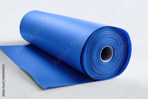 Fototapeta A roll of vibrant blue material unrolling on a clean white surface in a studio setting with bright light