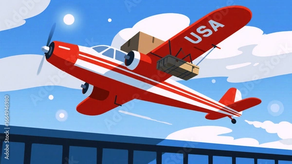 Fototapeta Vintage-style airplane soaring through blue skies delivering packages with USA marking, evokes nostalgia and efficient delivery, perfect for logistics or travel business visuals