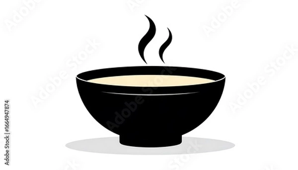 Fototapeta Black bowl of steaming, light-colored soup