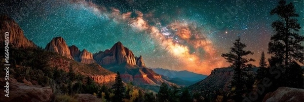 Fototapeta Stunning night sky over Zion National Park with vibrant Milky Way and majestic mountain landscape