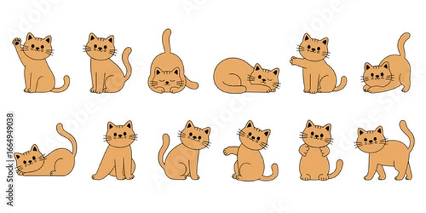 Fototapeta Flat Cat Poses Set – Cartoon Kitten Vector Collection Featuring Different Cat Positions and Expressions Bundle for Pet, Kids, Illustration, Design, and Digital Use