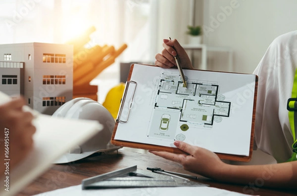 Fototapeta Architect presenting a detailed house plan to a client during a professional meeting, fostering collaboration and discussing design elements