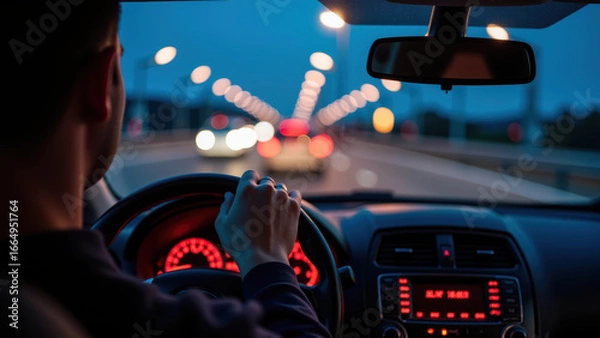Fototapeta Driving at night with illuminated dashboard and headlights in distance creates sense of adventure and focus