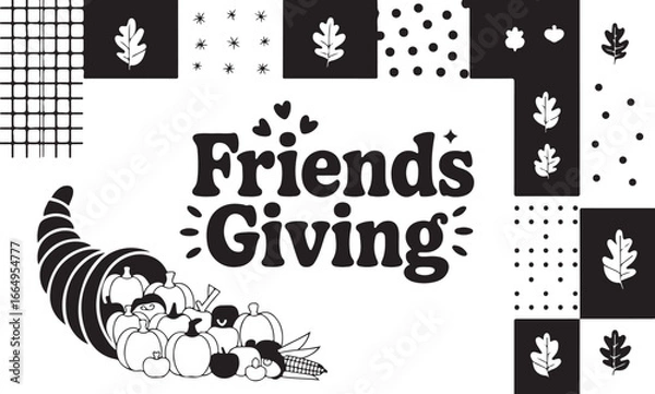 Obraz A Friendsgiving Design with a Cornucopia and a Decorative, Modern Pattern of Leaves and Dots
