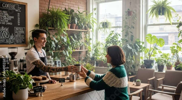Fototapeta Friendly barista serving fresh coffee to happy customer in vibrant plant filled cafe shop