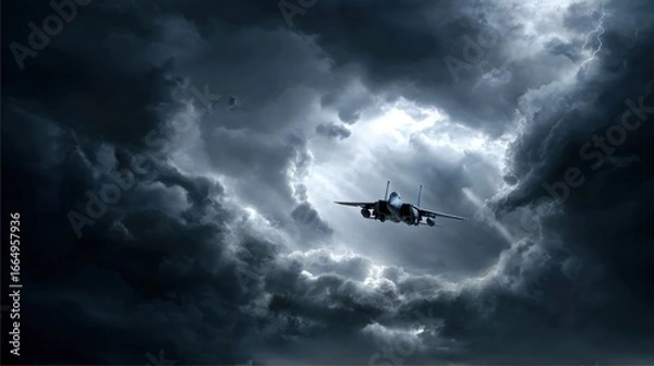 Obraz Fighter jet piercing dark storm clouds