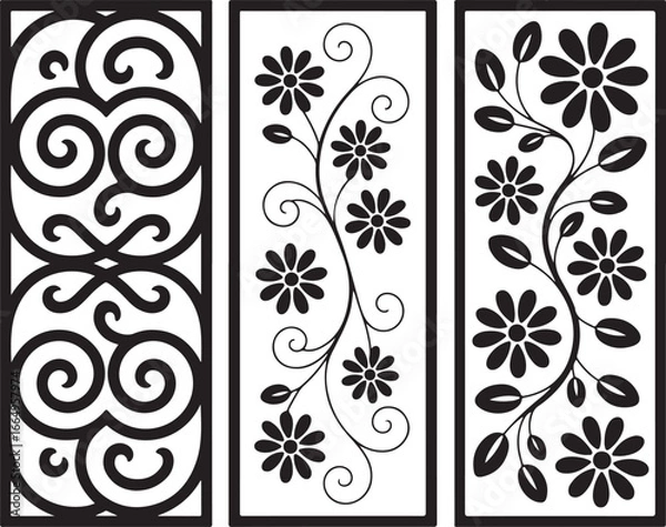 Obraz A set of three decorative laser-cut panels with intricate floral and scrollwork patterns, designed in a black-and-white style for elegant ornamental dividers or screens.