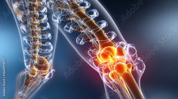 Fototapeta 3D illustration of human spine highlighting areas of tendinitis and point pain in vertebrae. image shows inflammation and discomfort in spinal region