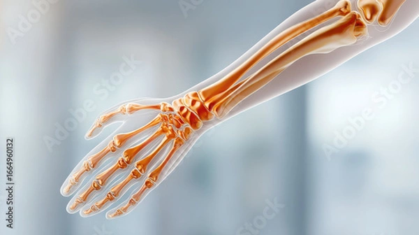Fototapeta Highlighted point on wrist indicates tendinitis pain in this detailed anatomical illustration of human arm and hand bones