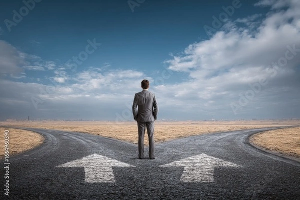 Fototapeta A businessman contemplates at a fork in the road, gazing at arrows pointing in different directions, symbolizing strategic planning and decision-making.