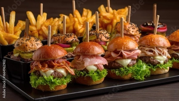 Fototapeta A platter of gourmet mini burgers and french fries, featuring various toppings like bacon, ham, cheese, and pickles, arranged artfully on small wooden skewers