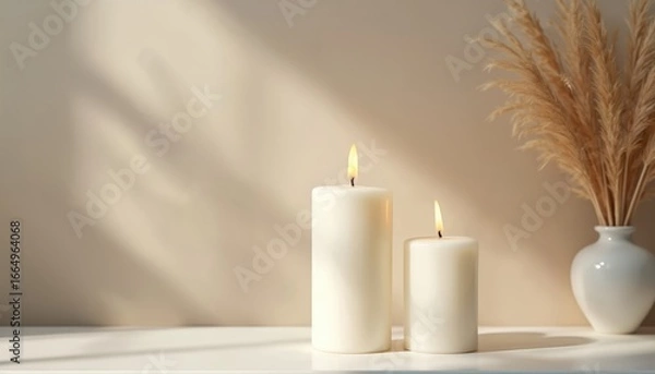 Fototapeta Two white candles with flames creating warm light. Minimalist home decor design with a vase. Ideal for meditation, relaxation, cozy atmosphere, spa, zen lifestyle, peace, calmness concept.