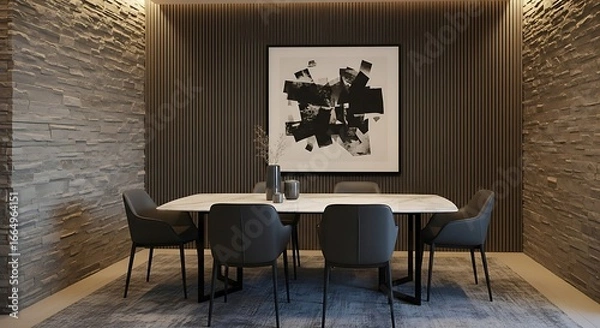 Fototapeta Modern Dining Room with Abstract Art and Textured Walls.