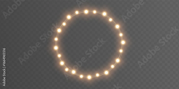 Fototapeta Christmas gold light circle frame. Fairy bulb banner. New Year luxury string garland. Winter party background. Led neon baubles. Festive border. Glow lamp bg. Glitter bright lamp. Vector illustration