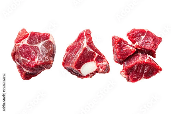 Obraz Three chunks of raw beef, close-up, isolated on black