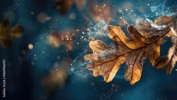 Fototapeta A single, brown, autumn oak leaf, partially obscured by ethereal smoke and golden sparks, hangs against a dark, blurred background with bokeh lights and falling leaves