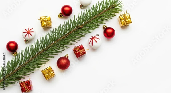 Fototapeta Festive Holiday Arrangement with Green Pine Branch, Red and Gold Ornaments on White Background for Seasonal Greetings and Decorative Compositions featuring small gifts